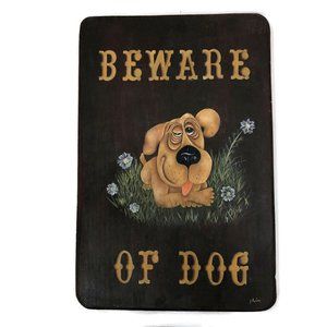 Hand Painted Wood Whimsical Beware of DOG Wall Plaque Sign Home Decor 18x12